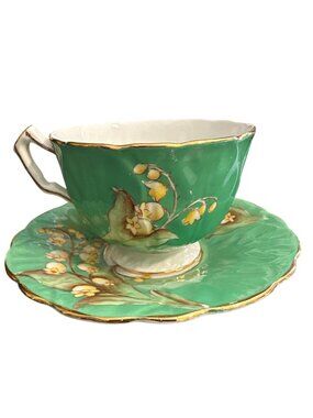 Aynsley Bone China Green Lily Of The Valley Tea Cup & Saucer Set Gold Trim Engla